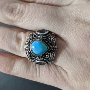 Sterling Silver Blue Topaz and Reconstituted Turquoise Teardrop Ring - s…